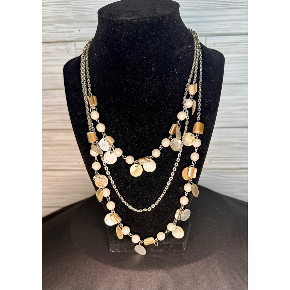 Premier Designs Triple Strand Layered Necklace Cream Gold Vintage